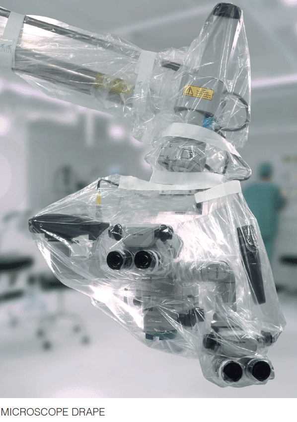 MO3 110-160 Funda esteril para microscopio quirurgico Carl Zeiss OPMI con 3 puertos de vision Cubre Objetivo de 48 mm, 1350 x 1600mm, caja con 10-0
