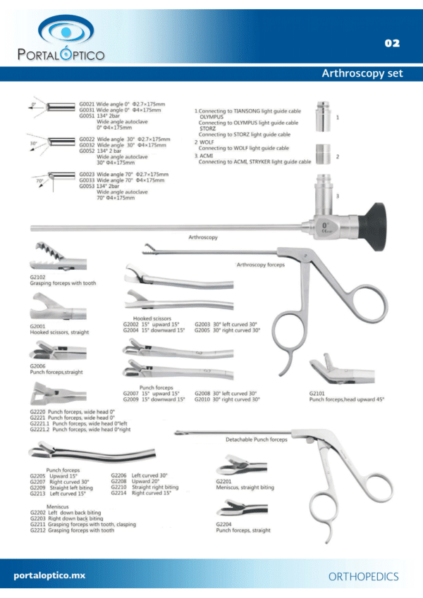 Set de Artroscopia rigida con telescopio 4mm 30 grados camisa con dos valvulas tipo luer, varias pinzas cable de fibra optica palpador etc.-0