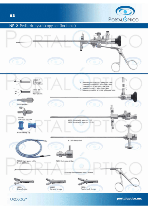 NP-2 Set de cistoscopio pediatrico con camisa elemento deflector pinzas telescopios 30 y 0 grados x 2.7 mm etc.-0