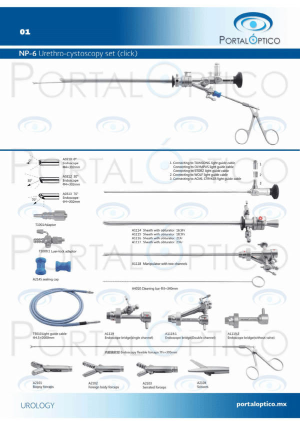 NP-6 Set de Cisto Uretroscopio Adulto con Telescopio de 30 grados 4 mm , 4 camisas, puente doble , elemento deflector de Albrarran, pinzas etc. -0