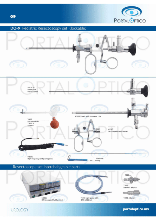 DQ-9 Set de Resectoscopio pediatrico con elemento de trabajo camisas cable de fibra optica asas unidad electro quirurgica y telescopio 0 Grados 2.7mm-0